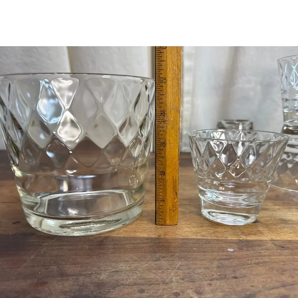 Glass Ice Bucket & 4 Cups Diamond Pattern Vintage Clear Thick Cut MCM Barware